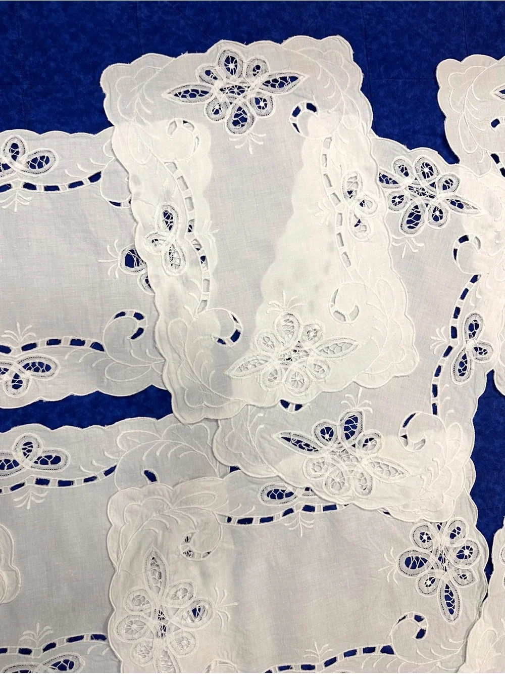 VTG Battenburg Hand Cutwork Needle Lace Embroidery Cotton White 8 Placemats